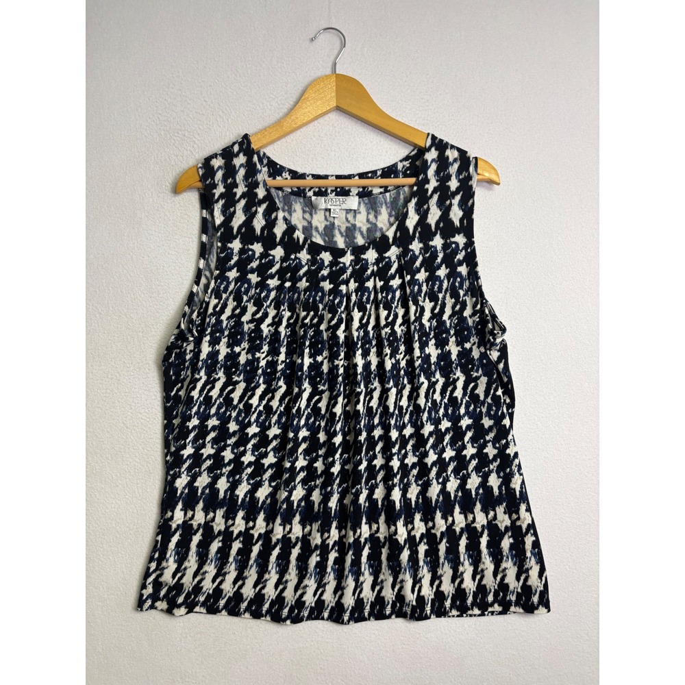 Career Professional Kasper Women XL Blue White Houndstooth Sleeveless Blouse Top